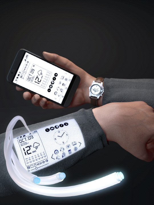 KAIST는 얇은 실 위에 흰색의 빛을 내는 '섬유 OLED 섬유'를 개발했다. 흰색 OLED를 웨어러블 기기에 적용한 개념도.  KAIST 제공